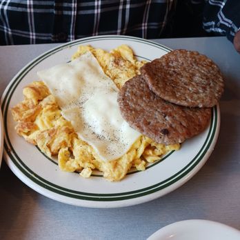 Highland Park Diner - Four eggs with American cheese and sausage patties. - Diners Near Me - Rochester, New York
