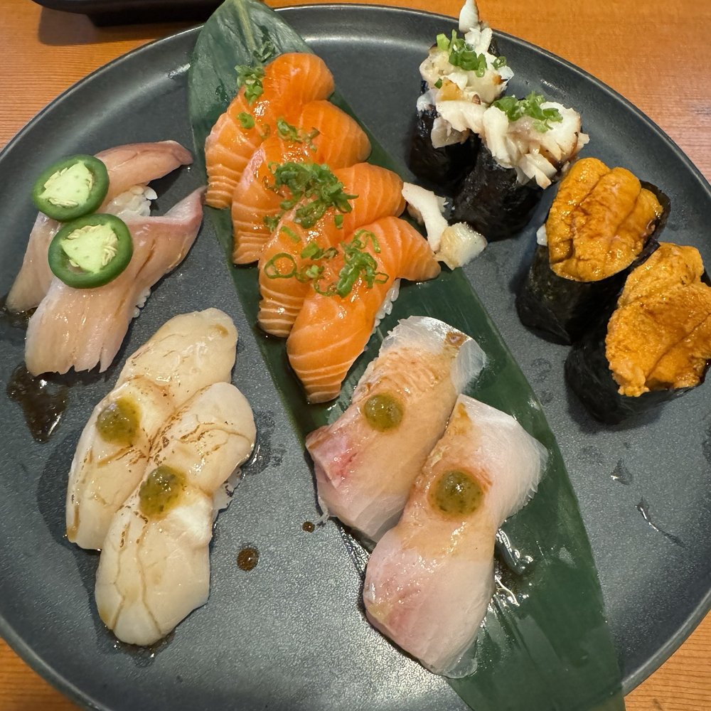 DAI Sushi - Jalapeño Yellowtail, Japanese scallop, Salmon, amberjack, miso cod, Uni. All perfectly seasoned. - Japanese Near Me - Westminster, California DAI Sushi - Jalapeño Yellowtail, Japanese scallop, Salmon, amberjack, miso cod, Uni. All perfectly seasoned. - Japanese Near Me - Westminster, California