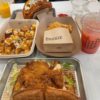 Bruxie - The original, The crispy, Loaded spicy tots, Waffle fries, Fresh orange juice, Strawberry lemonade. - Sandwiches Near Me - Costa Mesa, California Bruxie - The original, The crispy, Loaded spicy tots, Waffle fries, Fresh orange juice, Strawberry lemonade. - Sandwiches Near Me - Costa Mesa, California