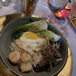 Scallops & Pork Belly Rice, bok choy and fried egg Scallops & Pork Belly Rice, bok choy and fried egg