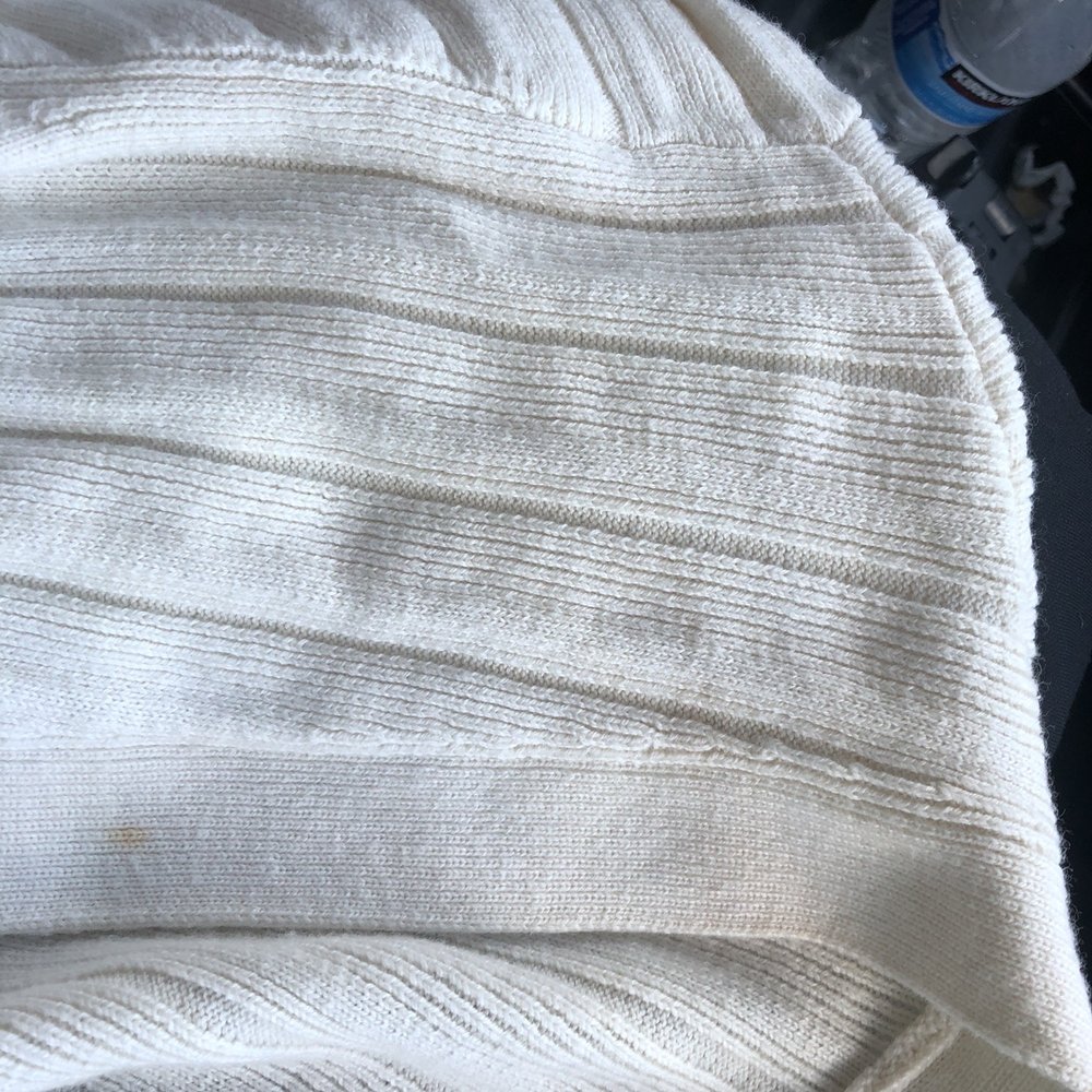 Holly Cleaners - The discoloration on my white cream cardigan after picking the clothes up for the first time. - Dry Cleaning Near Me - Newton, Massachusetts Holly Cleaners - The discoloration on my white cream cardigan after picking the clothes up for the first time. - Dry Cleaning Near Me - Newton, Massachusetts