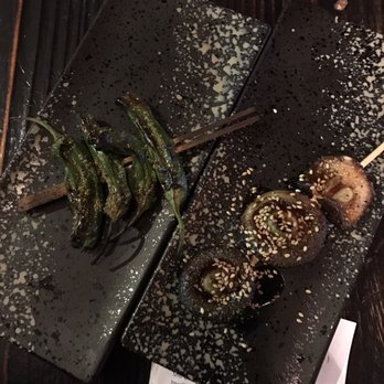 Yokushi Robata - Shishito pepper and shiitake mushroom skewer - Poke Near Me - Houston, Texas