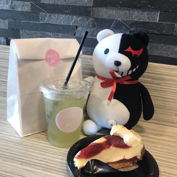 Pink Coffee - Monokuma next to a drink and Cheesecake ! - Desserts Near Me - Garland, Texas