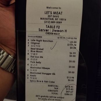 Let's Meat - Here's our receipt, which shows they charged us at a regular price - Korean Near Me - New York, New York