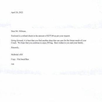 McBride's RV Service & Paint - Letter from McBride's - Body Shops Near Me - Chino, California