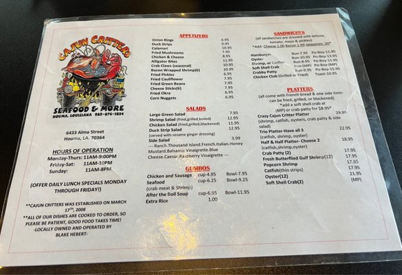 Menu photo 5 Cajun Critters Houma, LA