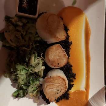 Sugarbeet - Seared Sea Scallops, sliced Brussels sprouts with a wasabi sauce (a little nose clearing) on top of Forbidden rice.  (Not my favorite) - New American Near Me - Longmont, Colorado