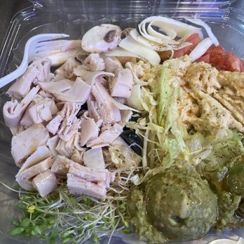 ThunderCloud Subs - Turkish delight sub in a bowl: turkey, avocado, cucumbers, tomatoes, onions, mushrooms, sprouts, olives, hummus or cream cheese - Sandwiches Near Me - Austin, Texas