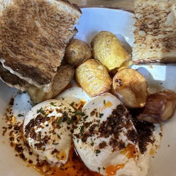 Corkfire Kitchen - Turkish poached eggs with yogurt garlic sauce. Yum! - New American Near Me - Temecula, California