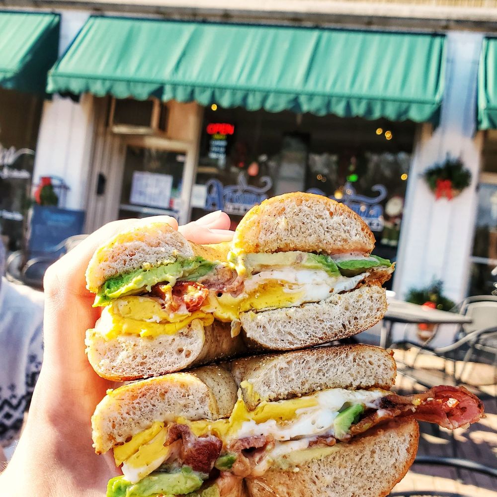 BEC with avocado and aroma sauce on a honey wheat bagel BEC with avocado and aroma sauce on a honey wheat bagel