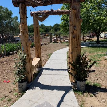 Alfaro Construction & Tree Service - Stamped concrete with rustic wood pergola - Tree Services Near Me