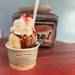 Mias Ice Cream Kitchen - Banana salted caramel with hot fudge, whipped cream, and a cherry