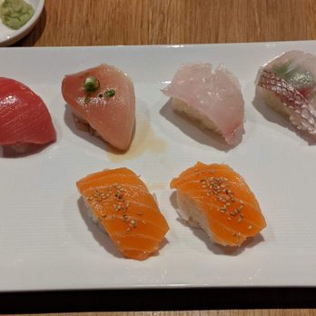 SUGARFISH | Manhattan Beach - Upper left are tunas, far right are albacore (I think), bottom is salmon. One dish if the omakase. - Sushi Bars Near Me - Manhattan Beach, California SUGARFISH | Manhattan Beach - Upper left are tunas, far right are albacore (I think), bottom is salmon. One dish if the omakase. - Sushi Bars Near Me - Manhattan Beach, California