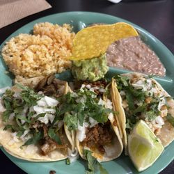 Three Taco Plate (L-R) carnitas, chorizo, chicken