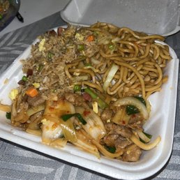 Broccoli Beef Dinner Plate with pork fried rice and chow mein. Broccoli Beef Dinner Plate with pork fried rice and chow mein.