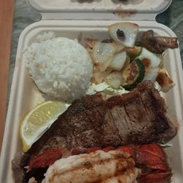NY steak with lobster,rice,veggies woth ginger shoyu and mustard sauce