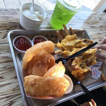 BurgerFi - Vanilla Custard, Lime Soda, hand cut onion rings, and hand cut fries covered with cheese. - Hot Dogs Near Me - Brooklyn, New York