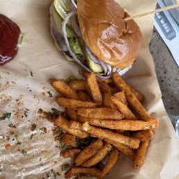 Baja California veggie burger with Cajun fries Baja California veggie burger with Cajun fries