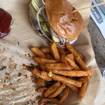 Lazy Dog Restaurant & Bar - Baja California veggie burger with Cajun fries - New American Near Me - Oak Brook, Illinois Lazy Dog Restaurant & Bar - Baja California veggie burger with Cajun fries - New American Near Me - Oak Brook, Illinois
