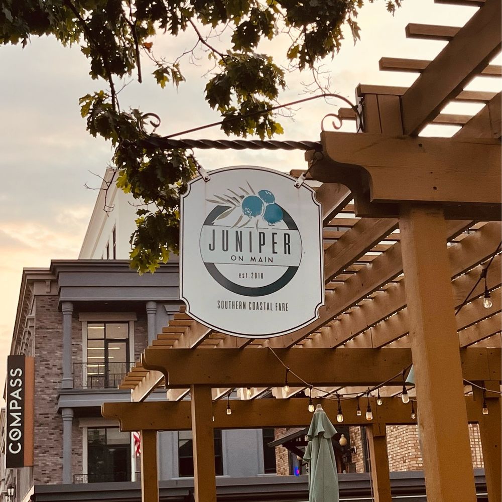Juniper on Main - Outdoor sign on patio - Southern Near Me - Carmel, Indiana Juniper on Main - Outdoor sign on patio - Southern Near Me - Carmel, Indiana