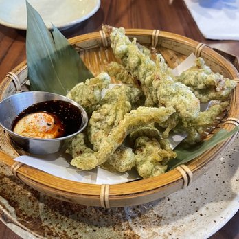 Wagaya - Calamari ($9,6/2023) - 6 pieces, interesting green batter, the calamari is fresh and falls right out, it's HOT - Ramen Near Me - Honolulu, Hawaii