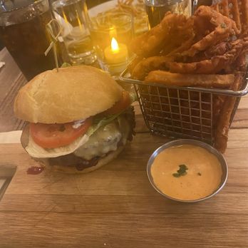 Braised Kitchen And Catering - Braised burger with sweet potato fries and chipotle sauce. - Caterers Near Me - Tulare, California