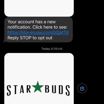 Star Buds - Two text messages from Star Buds display the logo with a green star and the business name, including notification links. - Cannabis Dispensaries Near Me - Burbank, Illinois