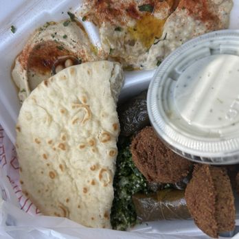 Zamzam Mediterranean Grill - Veggie platter; pita bread, falafel, hummus, Baba Gannouj, Yogurt Side Salad with yogurt tatziki sauce and Grape Leaves. - Mediterranean Near Me - Warr Acres, Oklahoma