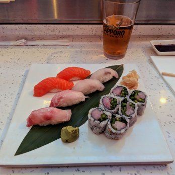 Pink Nori - Jalapeno Yellowtail Roll, two striper, two fluke and two salmon. The salmon was the best on the plate - Japanese Near Me - Astoria, New York Pink Nori - Jalapeno Yellowtail Roll, two striper, two fluke and two salmon. The salmon was the best on the plate - Japanese Near Me - Astoria, New York