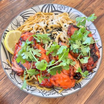 Enseamada Cafe - Garlic noodles with Banana sauce flavored chicken bbq! - Filipino Near Me - Everett, Washington