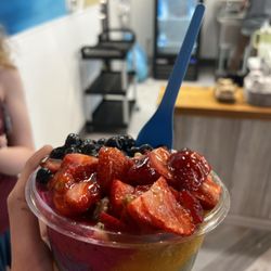 Playa Bowls - Mango Berry Bowl: Mango base topped with strawberries, blueberries, granola, and honey