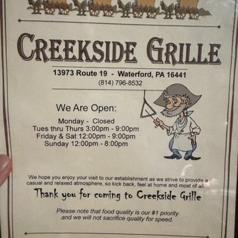 Creekside Bar & Grille - Menu. - Dive Bars Near Me - Waterford, Pennsylvania