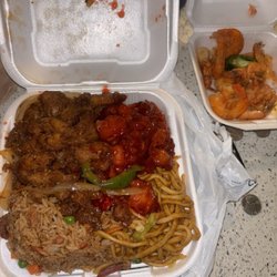 Sherman's Buffet 2 - Fried rice, chow mein, sweet & sour chicken, Mongolian chicken & and side of salt & pepper shrimp.