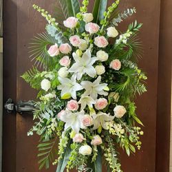 Florida Flowers - Stunning standing spray -- white lilies, blush roses & tropical greens. Funeral flowers designed with care. Scarborough & GTA. 416-292-1008