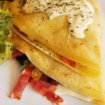 Le Cafe De Paris - Savory Crepe with Turkey bacon, mushrooms, onions, and red peppers - Coffee & Tea Near Me - Orlando, Florida Le Cafe De Paris - Savory Crepe with Turkey bacon, mushrooms, onions, and red peppers - Coffee & Tea Near Me - Orlando, Florida