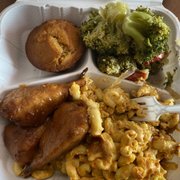 Photo of ELife Restaurant - Washington, DC, United States. Cashew Macaroni & Cheese, Steamed Broccoli, Corn Bread, Teriyaki Drumsticks