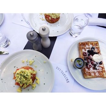 Evangeline - The smoked salmon eggs Benedict and waffle with creme fraiche. Delicious. - Cajun/Creole Near Me - Calistoga, California