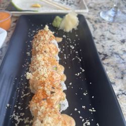 Soho - Pepper Tuna sushi with sashimi top, crunches, and chipotle mayo