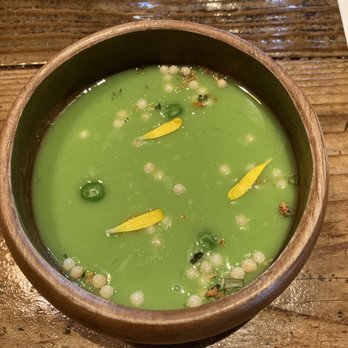 Restaurant Gish - Amuse Bouche: pea soup - New American Near Me - Santa Clara, California Restaurant Gish - Amuse Bouche: pea soup - New American Near Me - Santa Clara, California