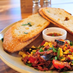 Cherry Beans - Taigum - Cherry beans breakfast - mixture of shredded bacon, egg, mushrooms, cherry tomato, garlic, herbs with sourdough & chilli oli