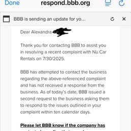 The response from BBB showing they have not replied.