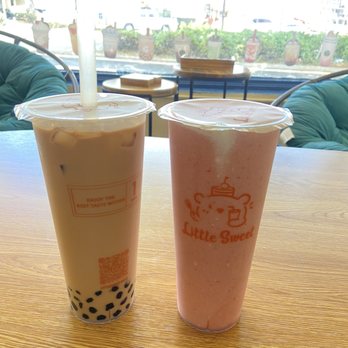 Little Sweet - Classic Milk Tea with Brown Sugar Boba (left) and Cheese Strawberry Tea (right) - Bubble Tea Near Me - Honolulu, Hawaii Little Sweet - Classic Milk Tea with Brown Sugar Boba (left) and Cheese Strawberry Tea (right) - Bubble Tea Near Me - Honolulu, Hawaii
