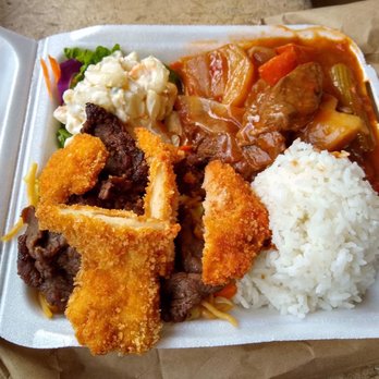 Mark's Place - Mark's Famous Mixed Plate: chicken Katsu, teriyaki beef and beef stew along with rice and potato mac salad - Hawaiian Near Me - Lihue, Hawaii Mark's Place - Mark's Famous Mixed Plate: chicken Katsu, teriyaki beef and beef stew along with rice and potato mac salad - Hawaiian Near Me - Lihue, Hawaii