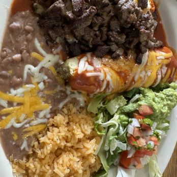 Medusa's - Plate with chicken tamale and chile relleno with diced asada on top - Mexican Near Me - Cambria, California