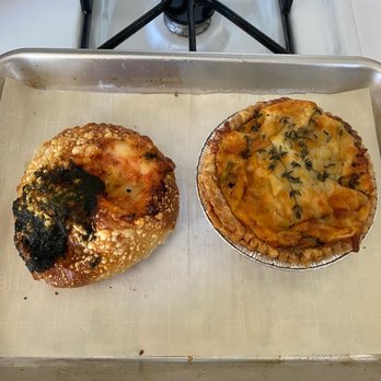 Mindy's Bakery - Vodka sauce, mozzarella and pesto bialy (left)--a holy grail  Quiche (right)--always tasty and flavorful - Desserts Near Me - Chicago, Illinois