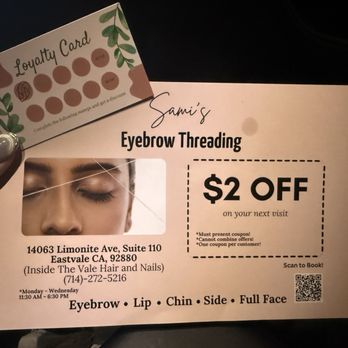 Sami's Eyebrow Threading Salon - Flyer, coupon, QR code to book appointments, and stamp card - Threading Services Near Me - Eastvale, California