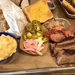 3 meat plate-brisket, jalapeño sausage, pulled pork 3 meat plate-brisket, jalapeño sausage, pulled pork