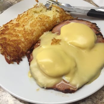 Orange Cafe Bistro - Eggs Benedict with, not just some sliced ham, but a legit ham steak on top of a split English muffin. - Breakfast & Brunch Near Me - Orange, California
