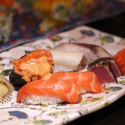 Nigiri and Sashimi, including Salmon Nigiri, Pepper Tuna Sashimi, Salmon Sashimi, White Tuna Nigiri, Saba Nigiri