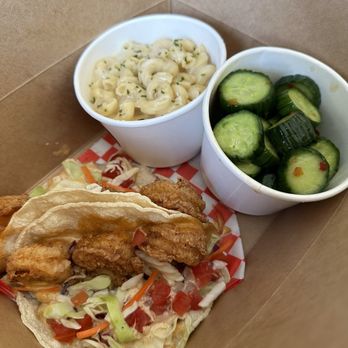 Kickin KAsian - Kickin shrimp tacos, Truffle Mac & Cheese, and Cucumber Salad - Seafood Near Me - Northridge, California